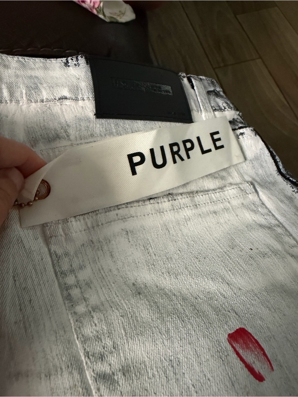 PURPLE Metallic Painted White Denim Jeans with Red Paint Accent